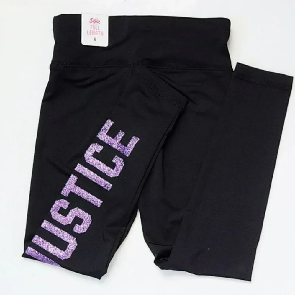 NWT JUSTICE Big Girls Glitter Logo Print Active Fit Leggings